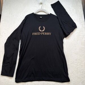 Fred Perry Graphic Logo Long Sleeve Shirt Black Gold Laurel Wreath Mens XL